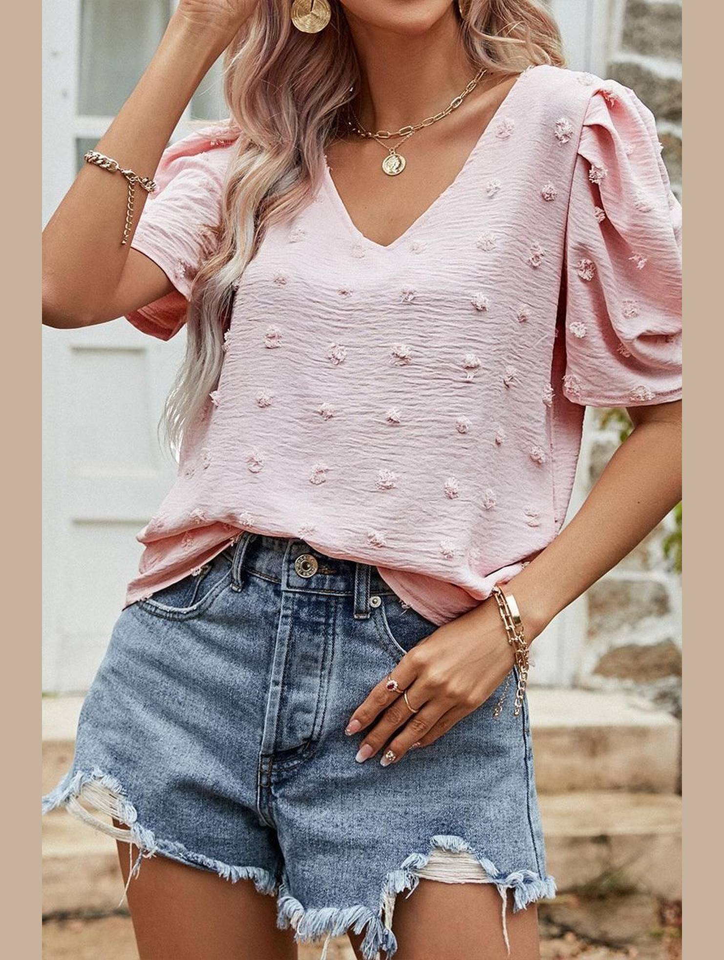 PUFF SLEEVE DEEP NECK CASUAL TOP - Doublju