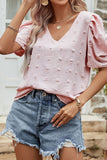 PUFF SLEEVE DEEP NECK CASUAL TOP - Doublju