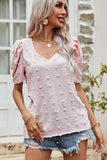 PUFF SLEEVE DEEP NECK CASUAL TOP - Doublju