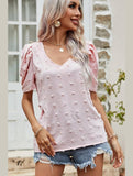 PUFF SLEEVE DEEP NECK CASUAL TOP - Doublju