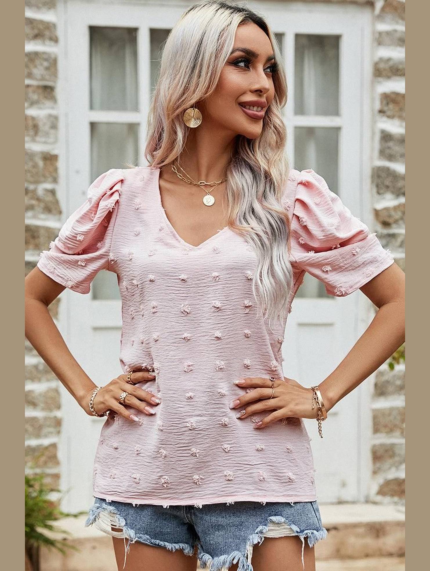 PUFF SLEEVE DEEP NECK CASUAL TOP - Doublju