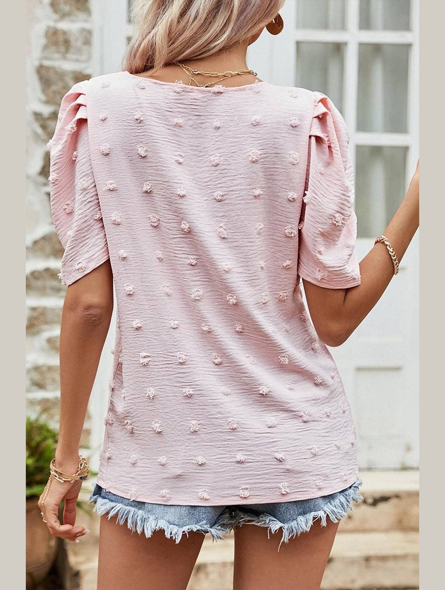 PUFF SLEEVE DEEP NECK CASUAL TOP - Doublju