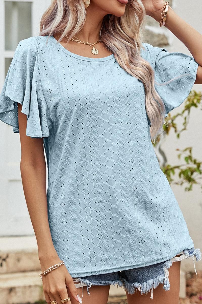 LEAF SLEEVE HOLLOW CASUAL TOP - Doublju