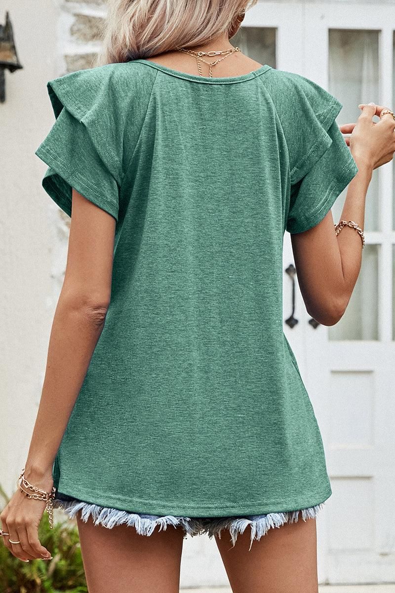 RUFFLED SHORT SLEEVE CASUAL TUNIC TOP - Doublju