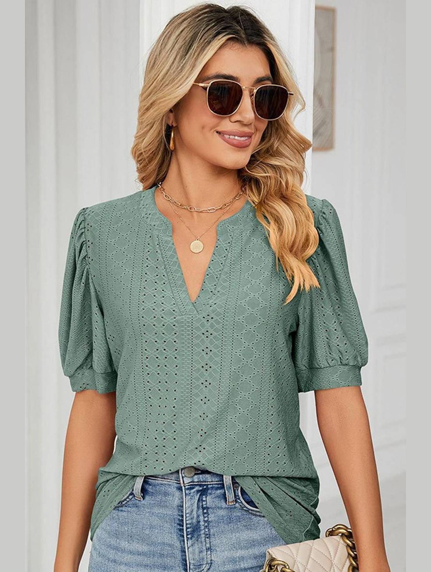 PUNCHING LACE V NECK PUFF SHORT SLEEVE BLOUSE - Doublju