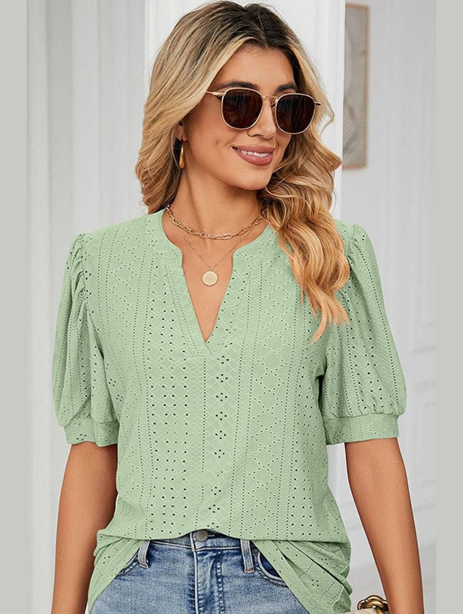 PUNCHING LACE V NECK PUFF SHORT SLEEVE BLOUSE - Doublju