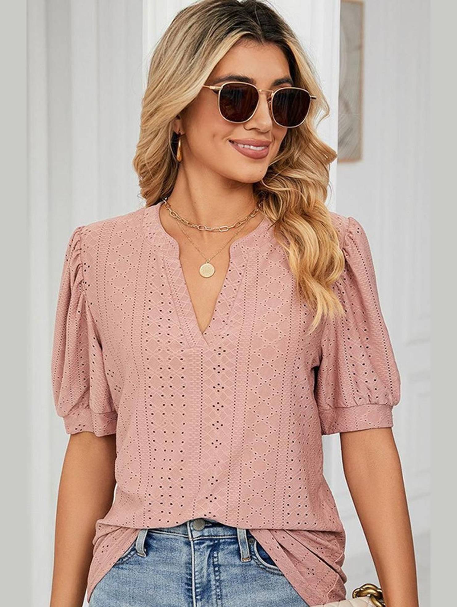 PUNCHING LACE V NECK PUFF SHORT SLEEVE BLOUSE - Doublju