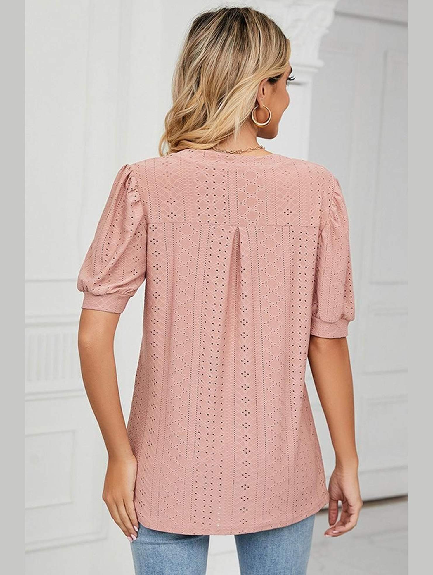 PUNCHING LACE V NECK PUFF SHORT SLEEVE BLOUSE - Doublju