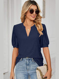 PUNCHING LACE V NECK PUFF SHORT SLEEVE BLOUSE - Doublju