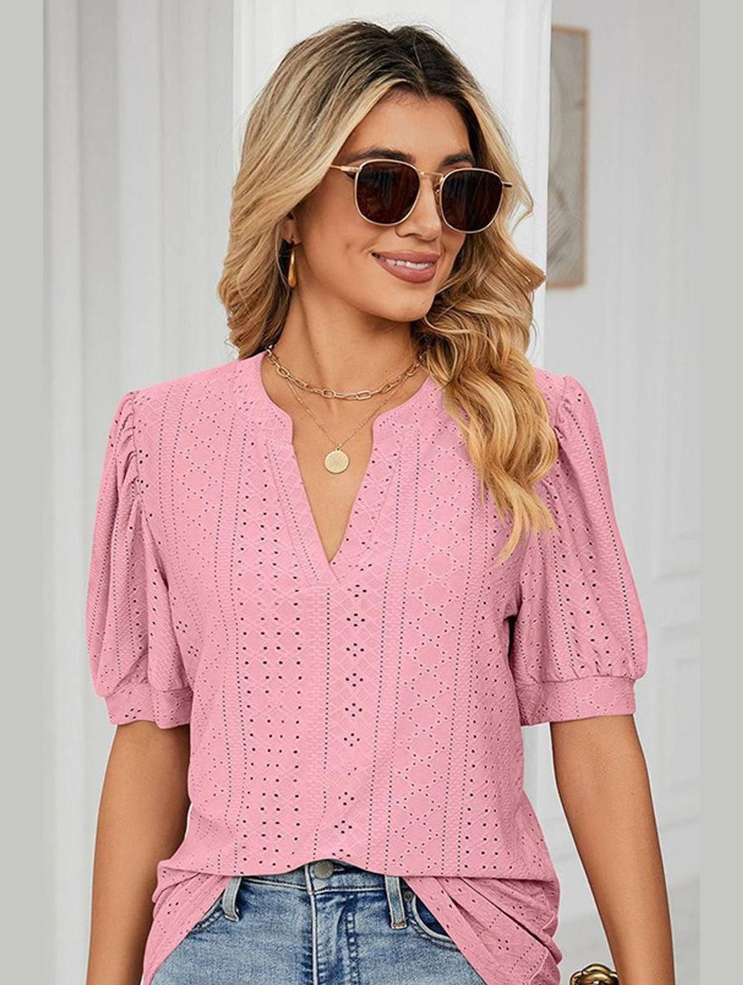 PUNCHING LACE V NECK PUFF SHORT SLEEVE BLOUSE - Doublju