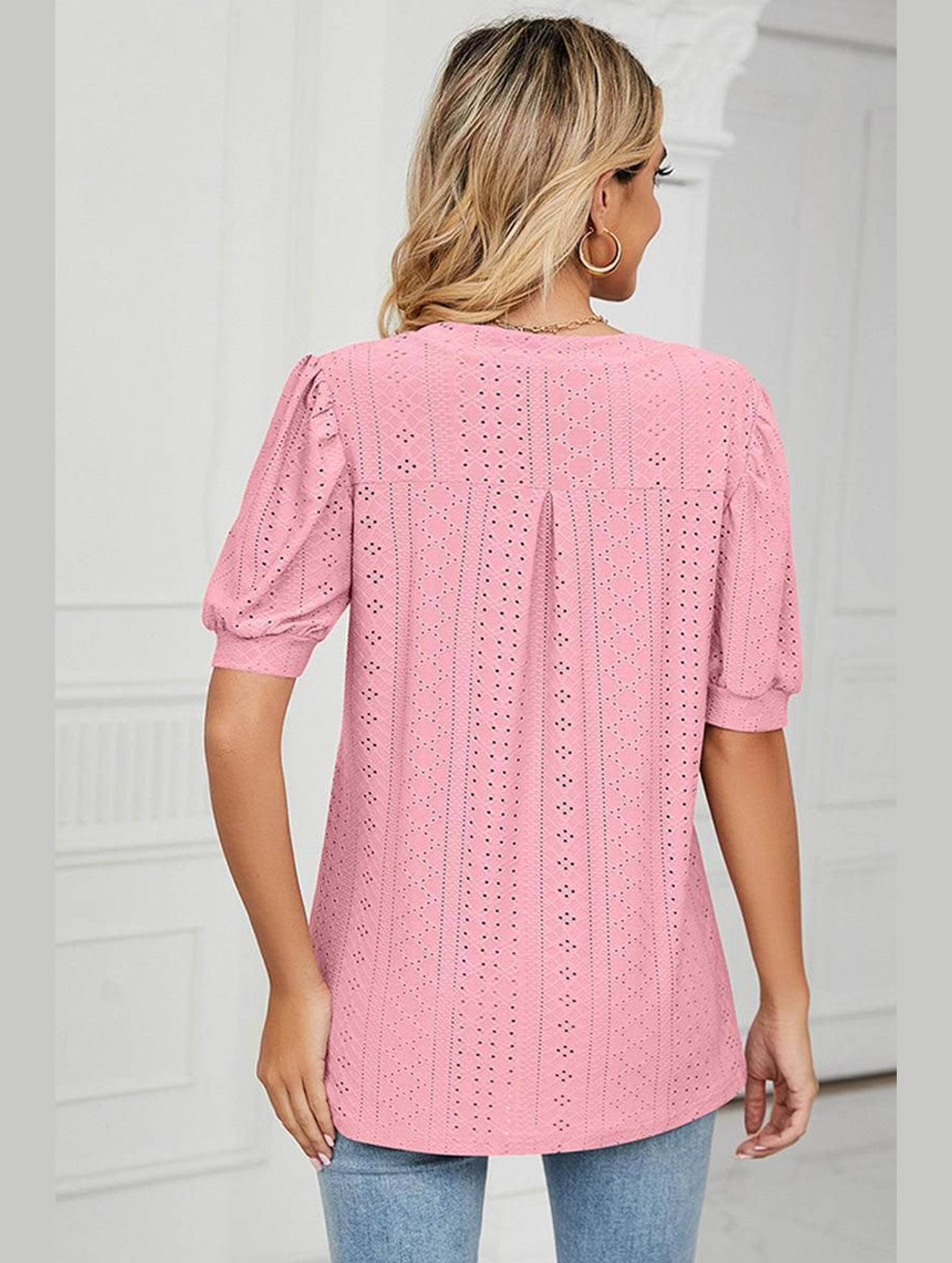 PUNCHING LACE V NECK PUFF SHORT SLEEVE BLOUSE - Doublju