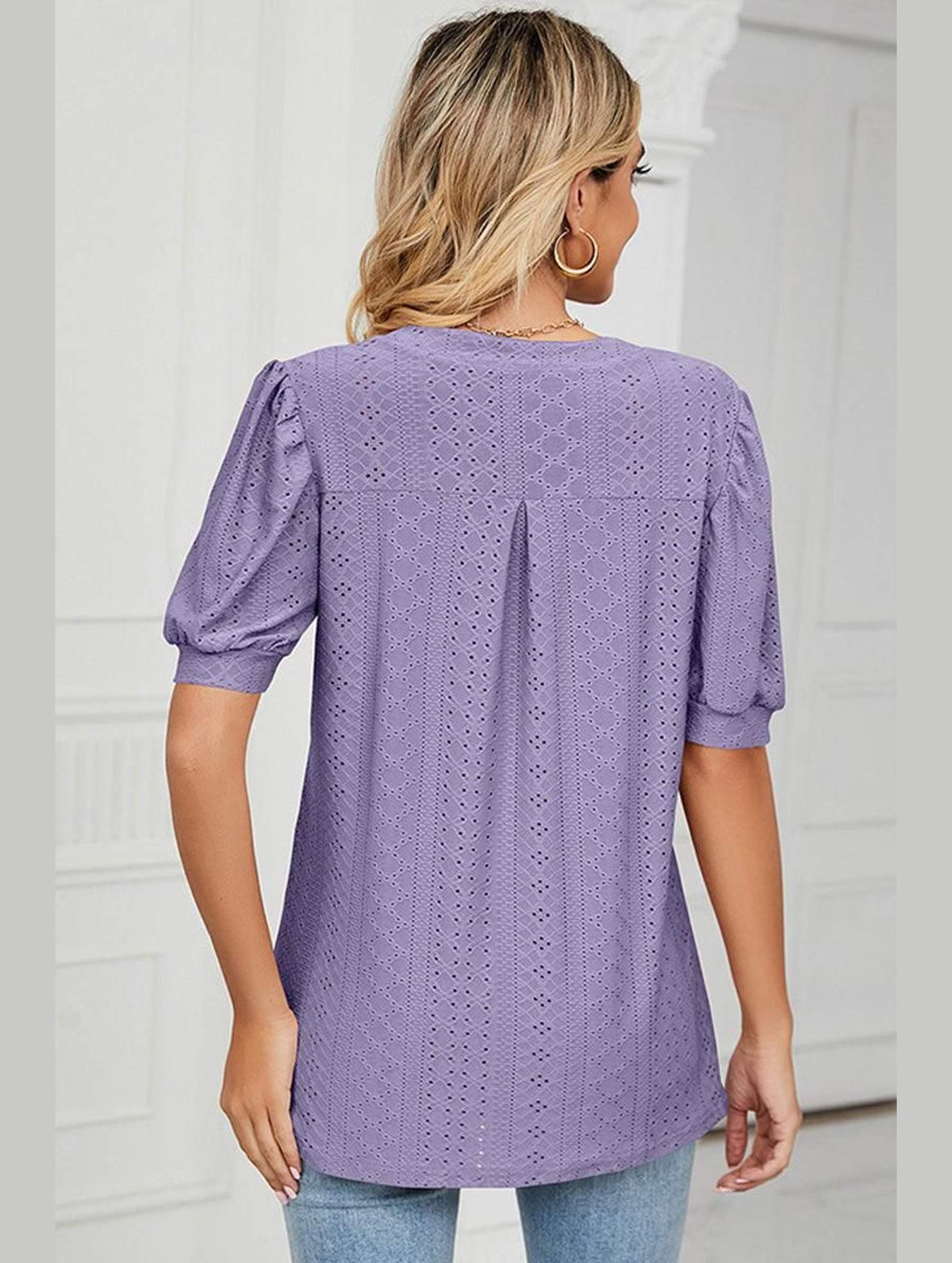 PUNCHING LACE V NECK PUFF SHORT SLEEVE BLOUSE - Doublju