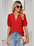 PUNCHING LACE V NECK PUFF SHORT SLEEVE BLOUSE - Doublju