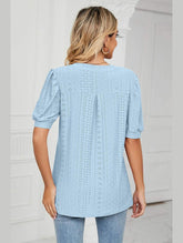 PUNCHING LACE V NECK PUFF SHORT SLEEVE BLOUSE - Doublju