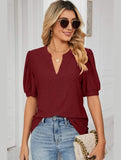 PUNCHING LACE V NECK PUFF SHORT SLEEVE BLOUSE - Doublju