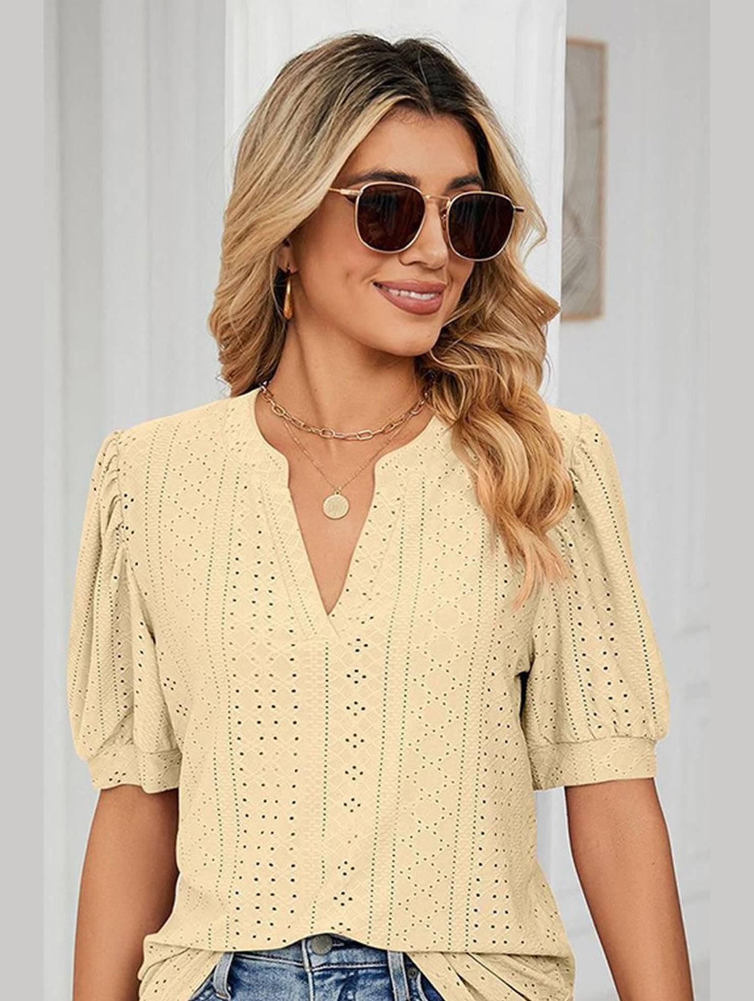 PUNCHING LACE V NECK PUFF SHORT SLEEVE BLOUSE - Doublju