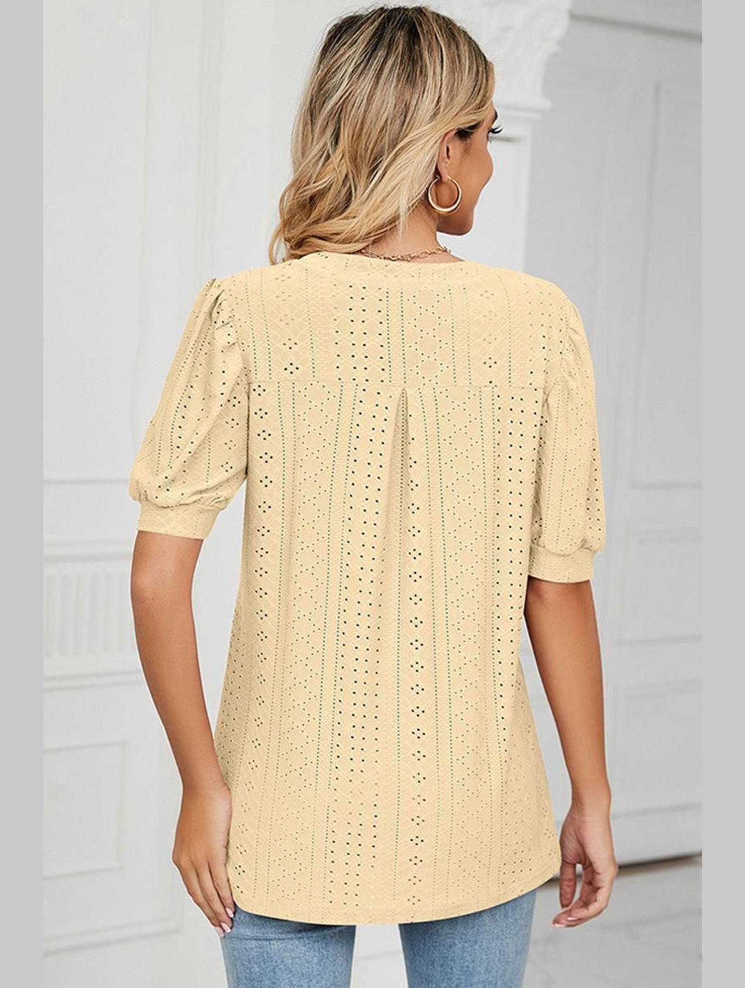 PUNCHING LACE V NECK PUFF SHORT SLEEVE BLOUSE - Doublju