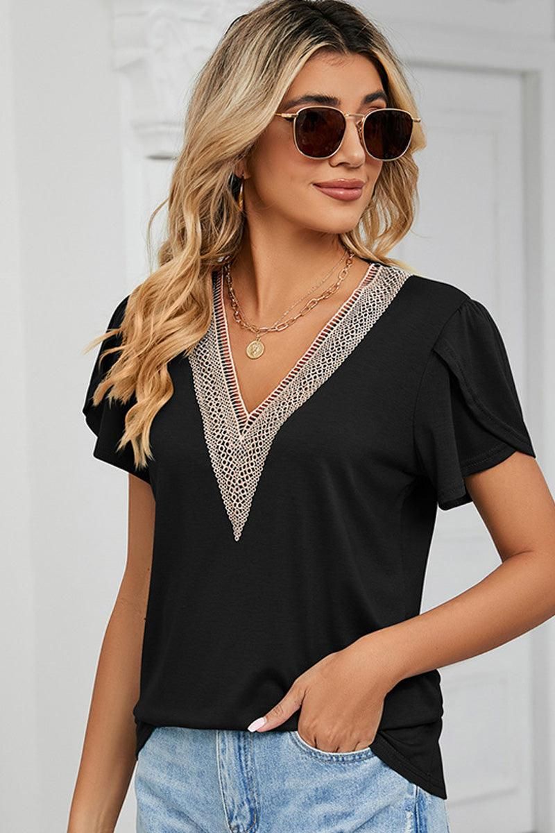 GOLD LACE V NECK RUFFLE SHORT SLEEVE TOP - Doublju