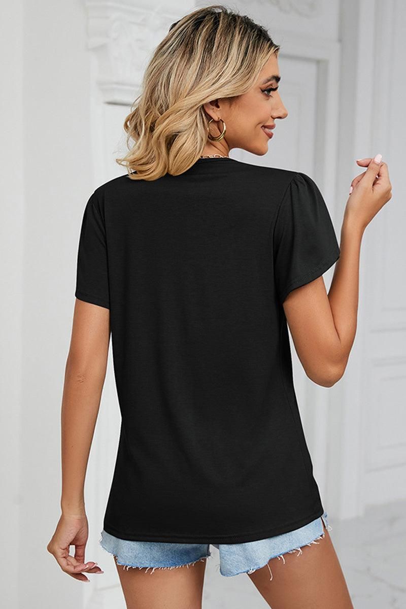 GOLD LACE V NECK RUFFLE SHORT SLEEVE TOP - Doublju