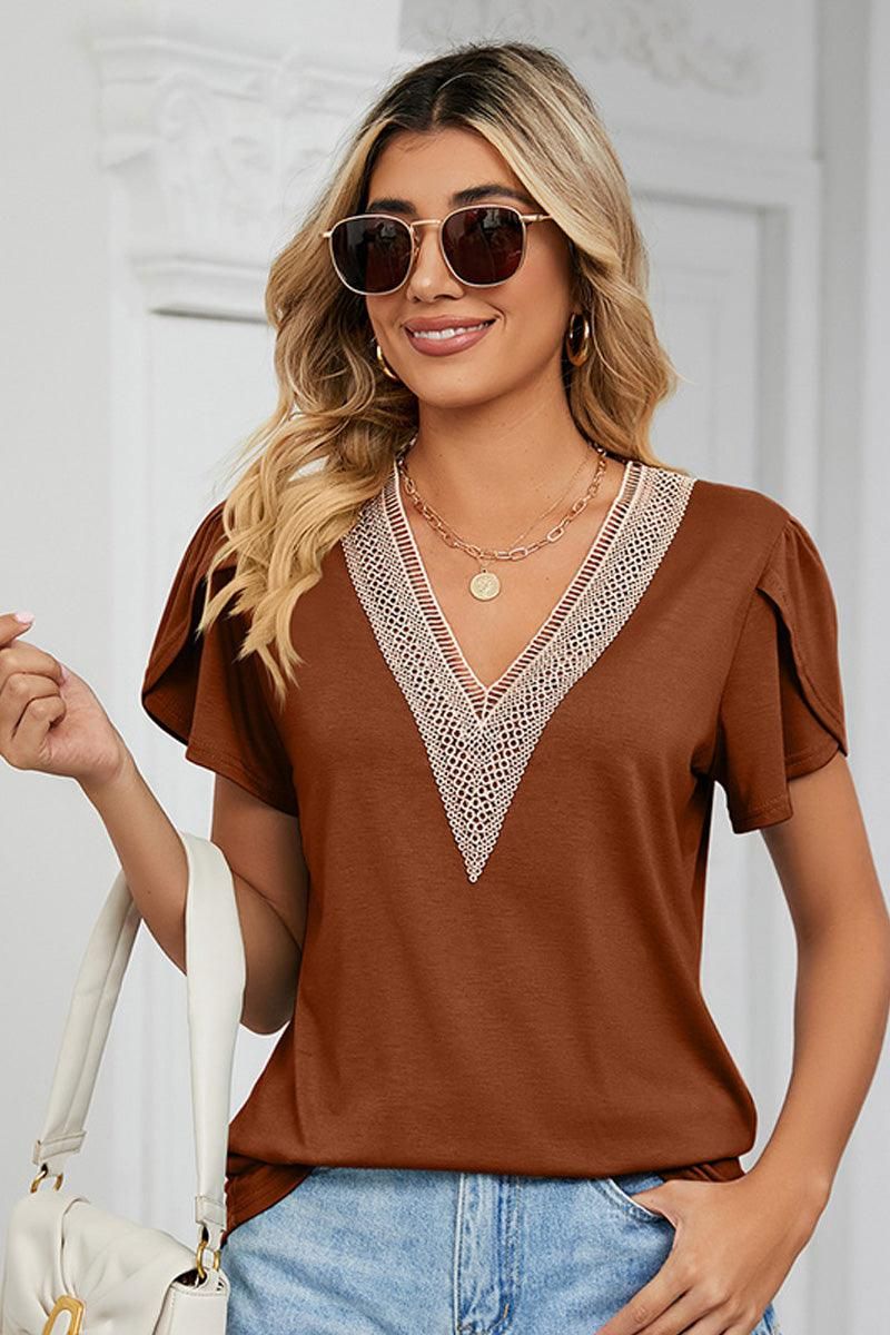 GOLD LACE V NECK RUFFLE SHORT SLEEVE TOP - Doublju