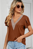GOLD LACE V NECK RUFFLE SHORT SLEEVE TOP - Doublju