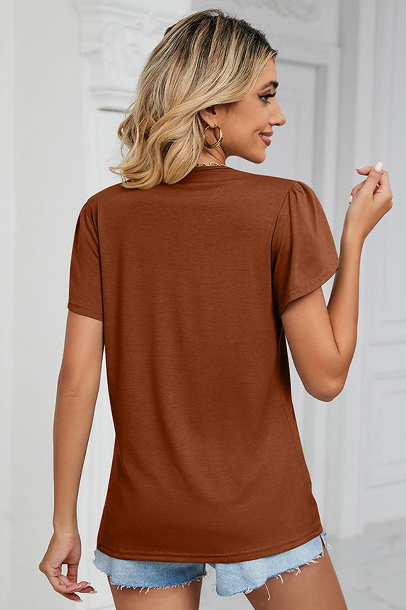 GOLD LACE V NECK RUFFLE SHORT SLEEVE TOP - Doublju