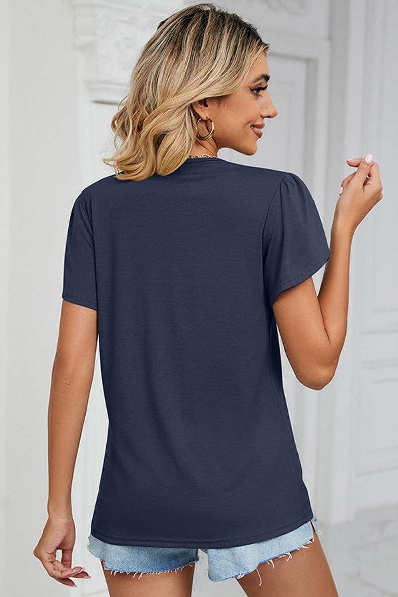 GOLD LACE V NECK RUFFLE SHORT SLEEVE TOP - Doublju