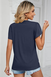 GOLD LACE V NECK RUFFLE SHORT SLEEVE TOP - Doublju