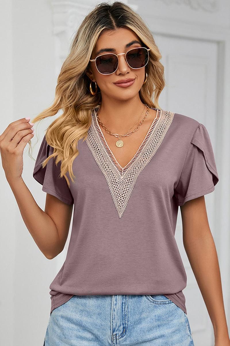 GOLD LACE V NECK RUFFLE SHORT SLEEVE TOP - Doublju
