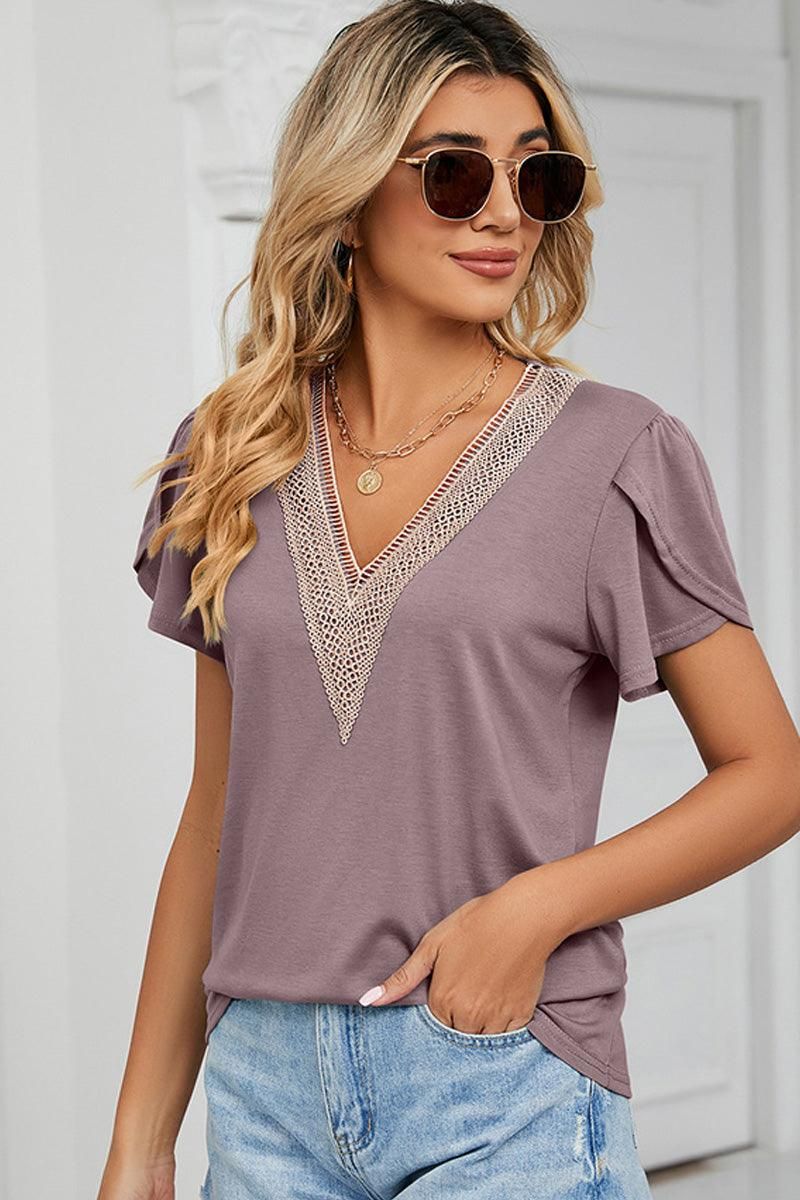 GOLD LACE V NECK RUFFLE SHORT SLEEVE TOP - Doublju