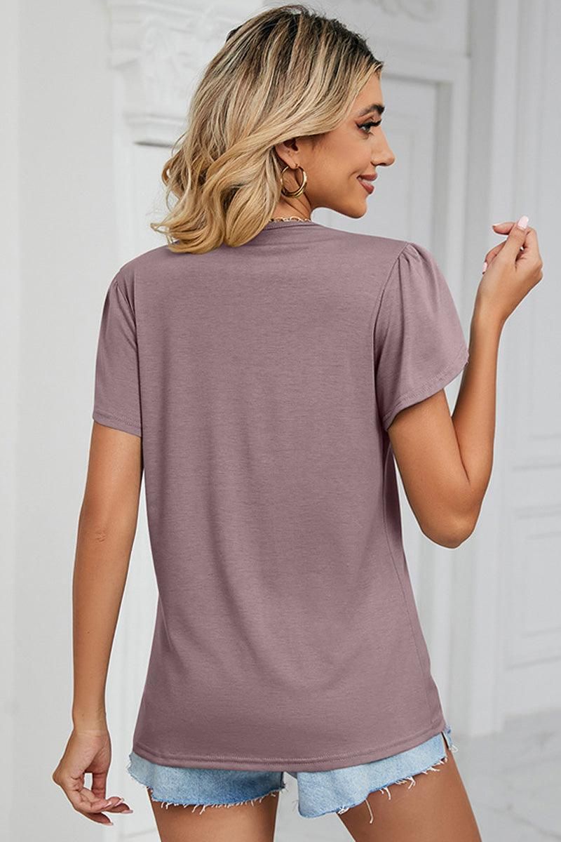 GOLD LACE V NECK RUFFLE SHORT SLEEVE TOP - Doublju