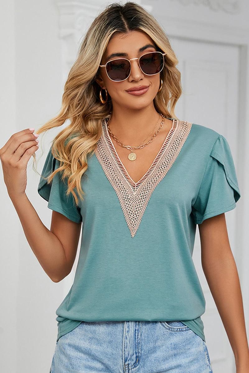 GOLD LACE V NECK RUFFLE SHORT SLEEVE TOP - Doublju