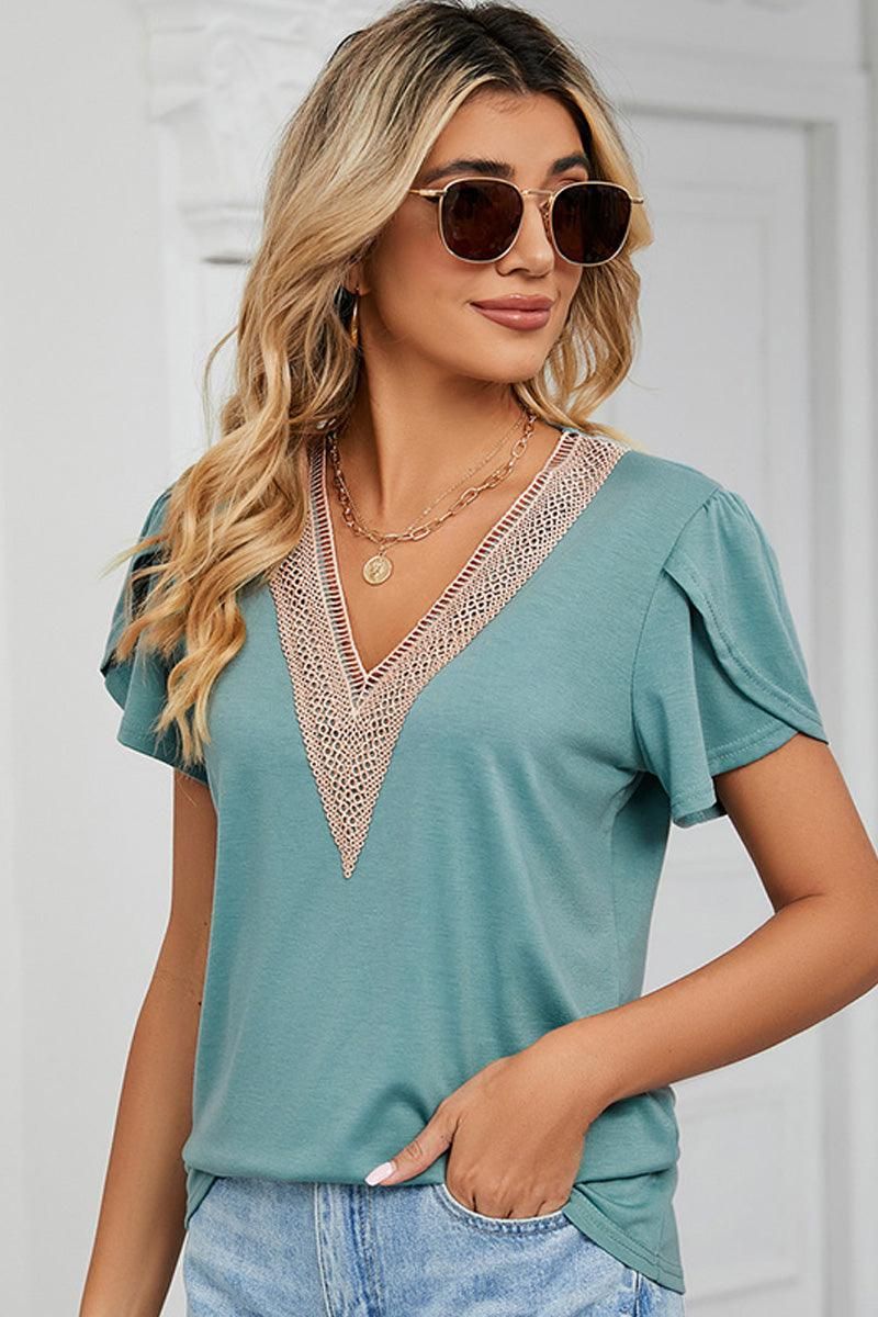 GOLD LACE V NECK RUFFLE SHORT SLEEVE TOP - Doublju