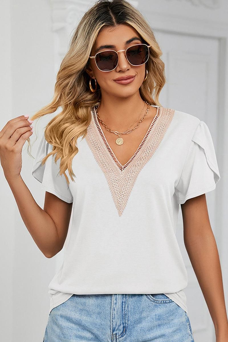 GOLD LACE V NECK RUFFLE SHORT SLEEVE TOP - Doublju