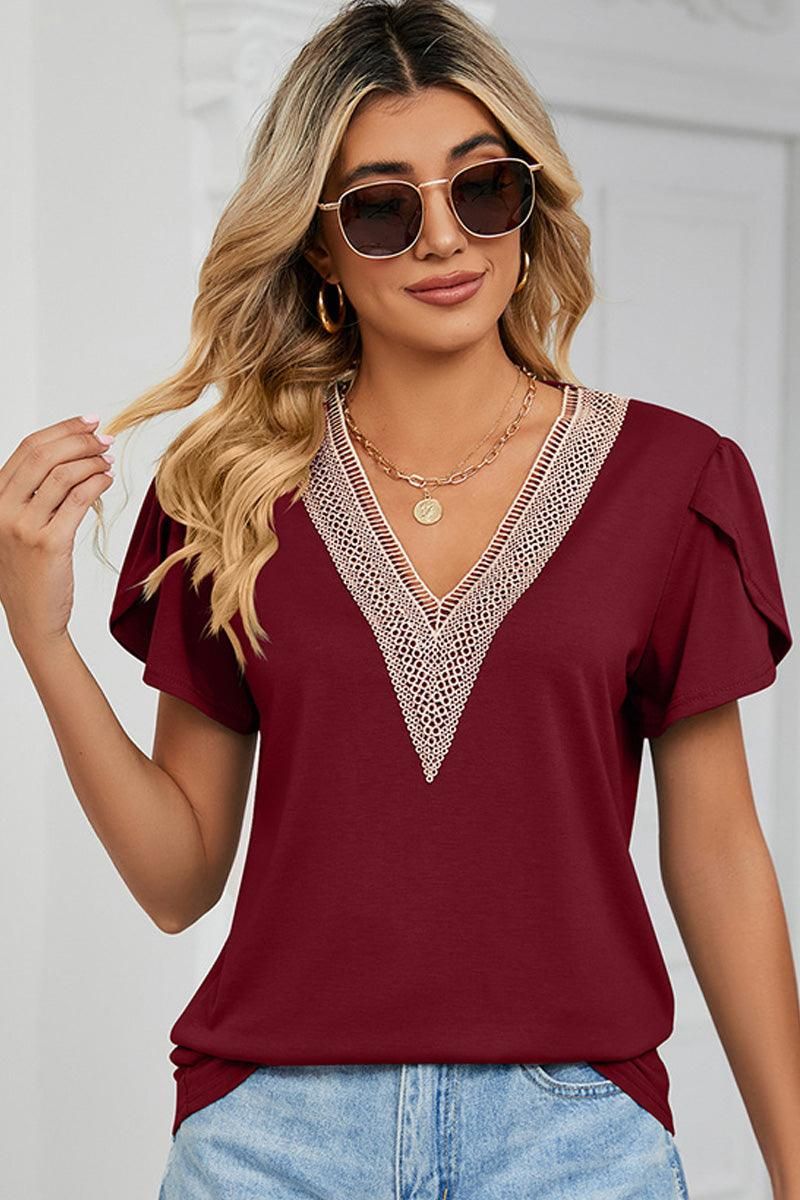 GOLD LACE V NECK RUFFLE SHORT SLEEVE TOP - Doublju