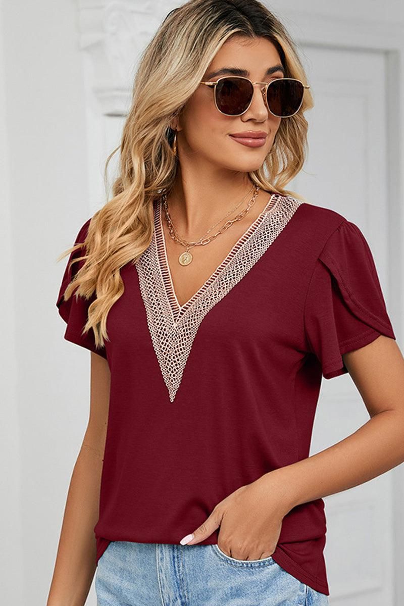 GOLD LACE V NECK RUFFLE SHORT SLEEVE TOP - Doublju