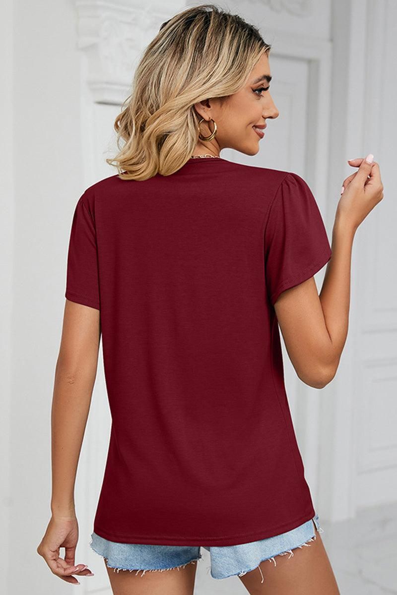 GOLD LACE V NECK RUFFLE SHORT SLEEVE TOP - Doublju