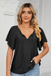 V NECK PUNCHING LACE UP RUFFLE LOOSE TOP - Doublju