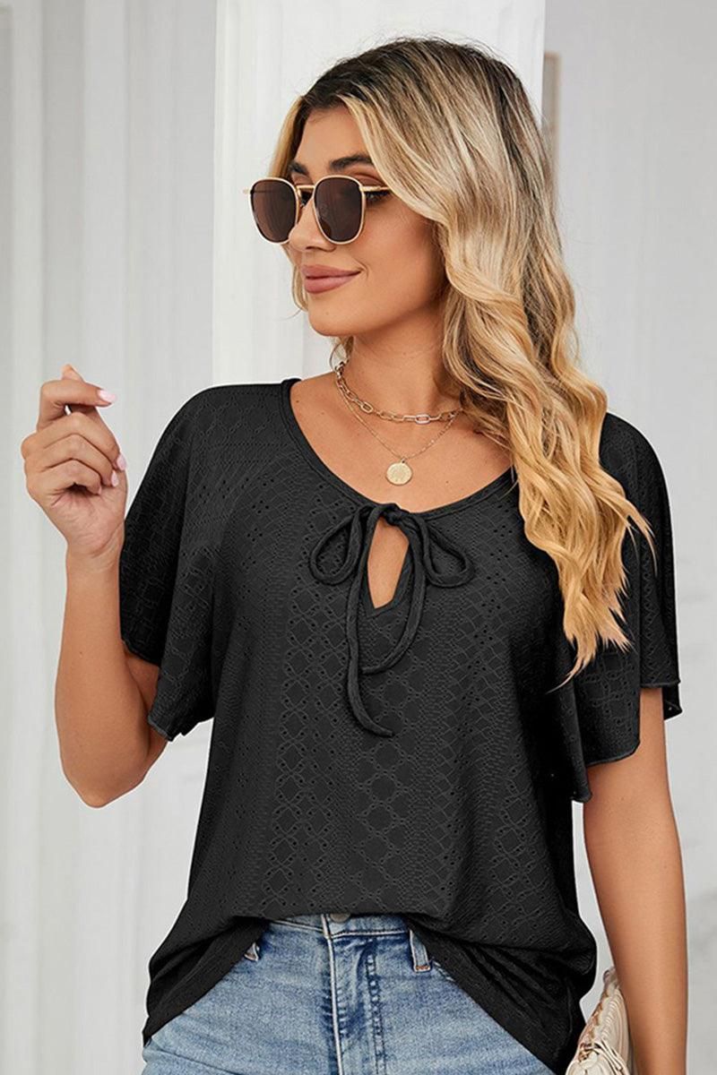 V NECK PUNCHING LACE UP RUFFLE LOOSE TOP - Doublju