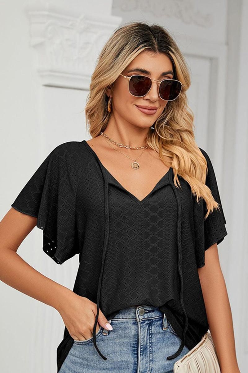 V NECK PUNCHING LACE UP RUFFLE LOOSE TOP - Doublju
