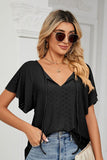 V NECK PUNCHING LACE UP RUFFLE LOOSE TOP - Doublju