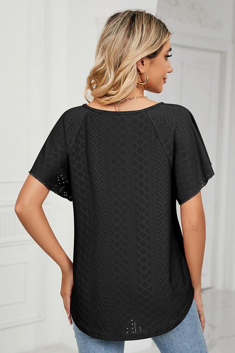 V NECK PUNCHING LACE UP RUFFLE LOOSE TOP - Doublju