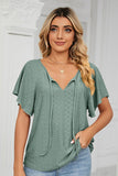 V NECK PUNCHING LACE UP RUFFLE LOOSE TOP - Doublju