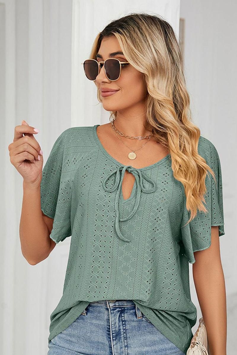 V NECK PUNCHING LACE UP RUFFLE LOOSE TOP - Doublju