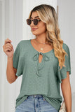 V NECK PUNCHING LACE UP RUFFLE LOOSE TOP - Doublju