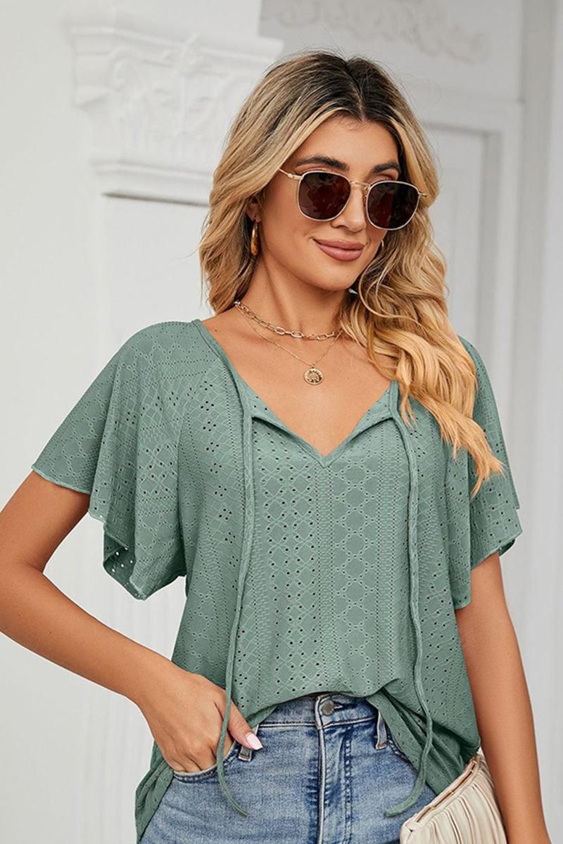 V NECK PUNCHING LACE UP RUFFLE LOOSE TOP - Doublju