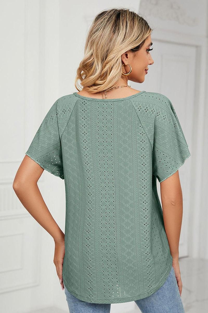 V NECK PUNCHING LACE UP RUFFLE LOOSE TOP - Doublju