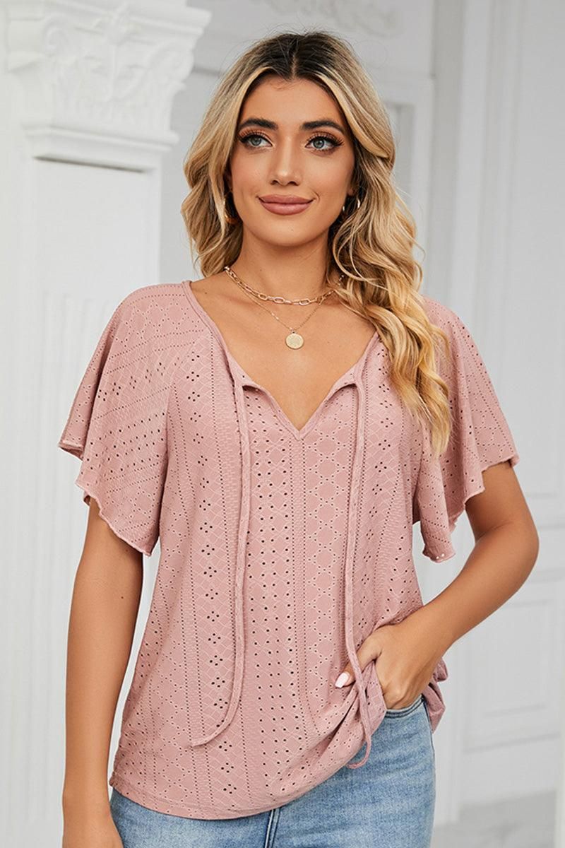 V NECK PUNCHING LACE UP RUFFLE LOOSE TOP - Doublju