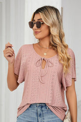 V NECK PUNCHING LACE UP RUFFLE LOOSE TOP - Doublju