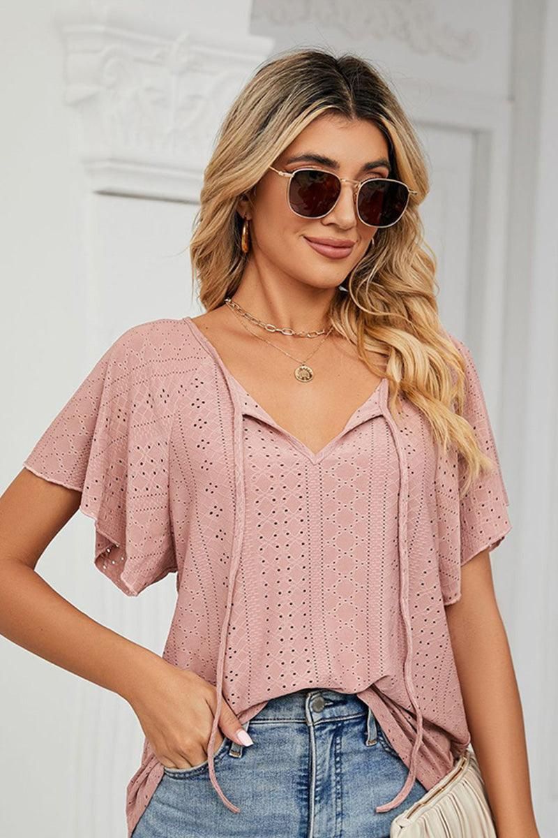 V NECK PUNCHING LACE UP RUFFLE LOOSE TOP - Doublju